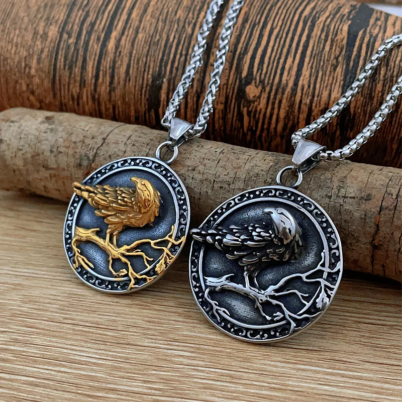 Norse Mythology Viking Crow Necklace Stainless Steel Men Odin Raven Gold Color Slavic Rune Vegvisir Pendant Chain Amulet Jewelry