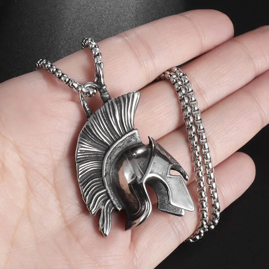 Classic Retro 3D Ancient Greek Spartan Helmet Necklace Men's Knight Necklace Hero Mask Rock Punk Pendant Bicycle Accessories