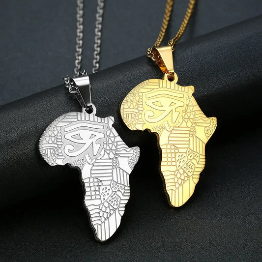 Stainless Steel Ancient Egyptian Symbol Protection Necklace Gift Eye of Horus Necklaces Africa Map Pendant for Men Boy