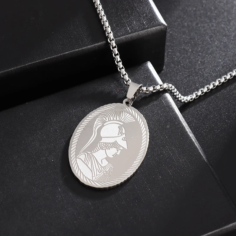 Popular and Fashionable New Greek Goddess Athena Medal Hanging Simple Stainless Steel Men's and Women's Necklace