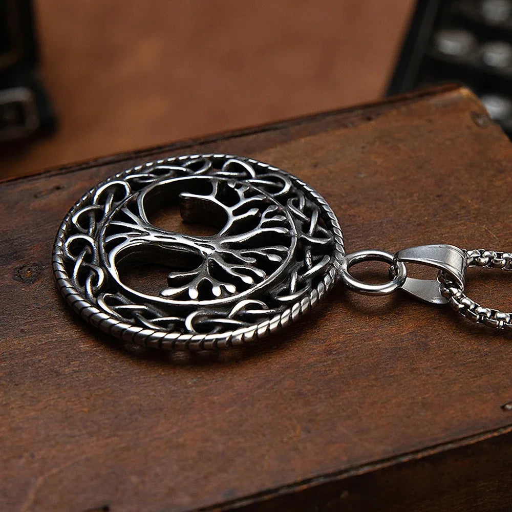 Vintage Stainless Steel Tree of Life Pendant Nordic Mythology Odin Celtics Knot Necklace Men's Chain Fashion Viking Jewelry Gift