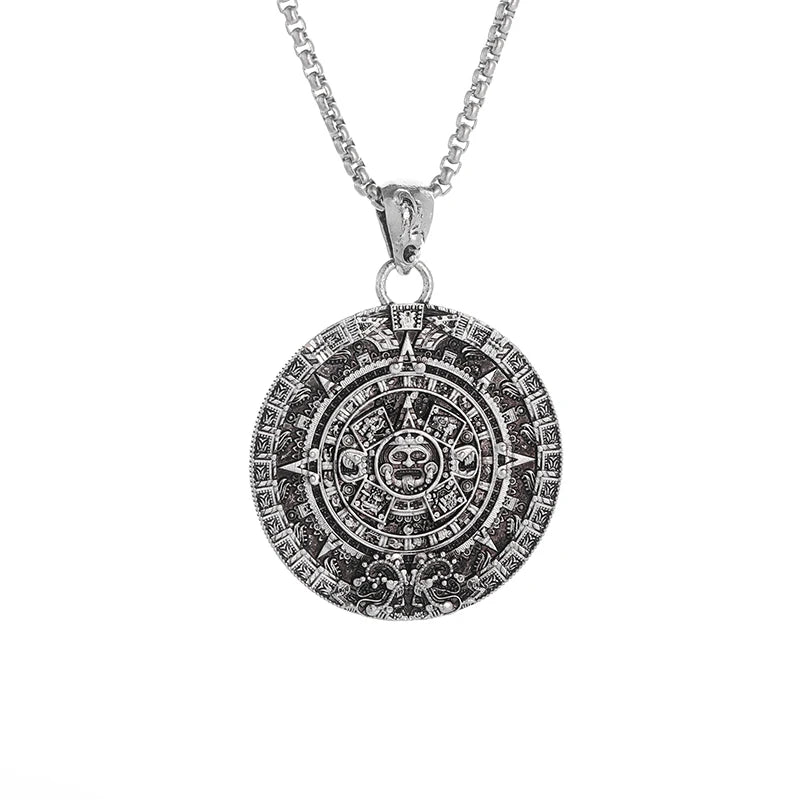 Vintage Aztec Calendar Mysterious Ancient Mayan Civilization Pattern Pendant Necklace for Men Lucky Fashion Jewelry Gift