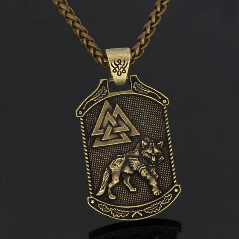 Vintage Viking Celtic Wolf Oding Logo Square Pendant Necklace Men's Nordic Mythological World Tree Animal Totems Talisman Chains