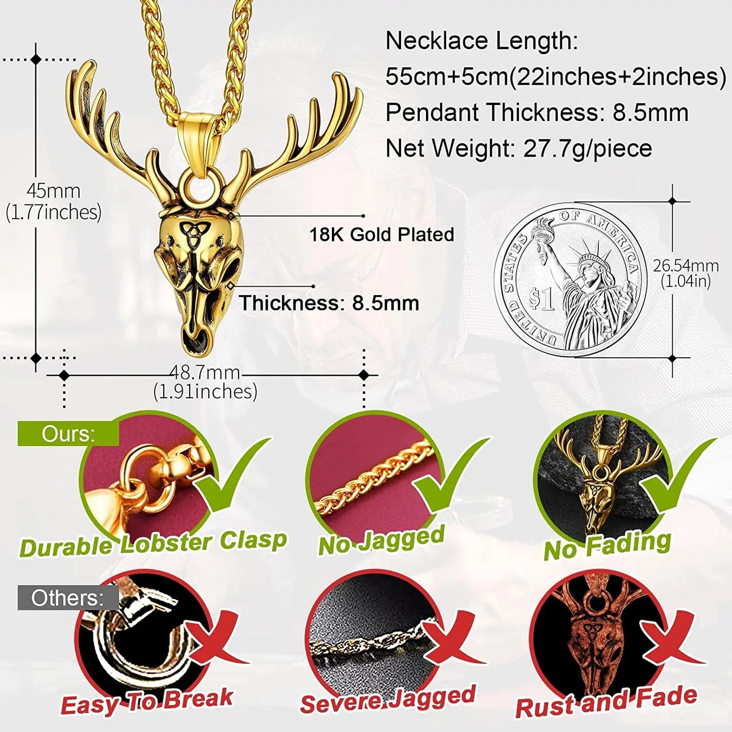 ChainsPro Celtic Mythology Viking Deer Antler Pendant Necklace for Men Women, Stainless Steel/14K Gold Plated CP784