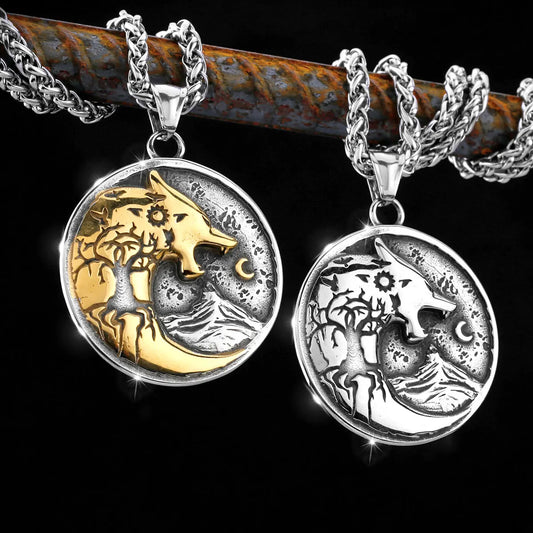 Vikings Wolf Moon Necklaces Men Gold Color Stainless Steel Norse Runes Vegvisir Compass Amulet Pendant Jewelry Gifts Wholesale