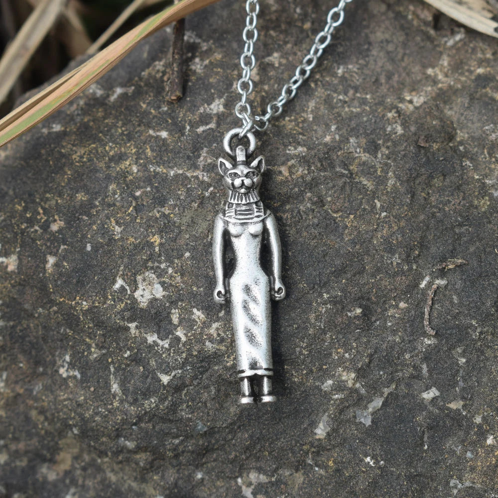 ancient Egyptian god Bastet Pewter cat Pendant Cord Necklace