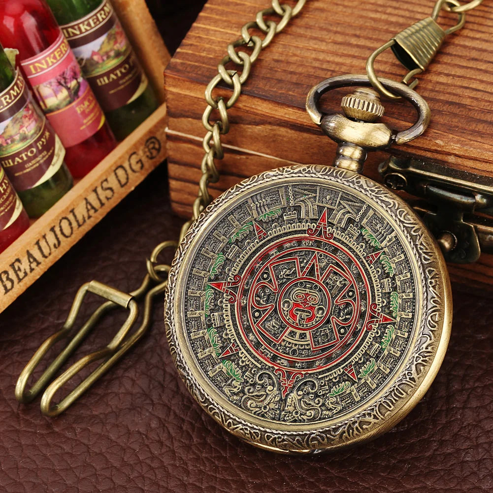 Mexican Maya Aztec Calendar Art Prophecy Culture Gold Bronze Plated Coin Quartz Pocket Watch with 80cm Necklace/38cm Waist Chain