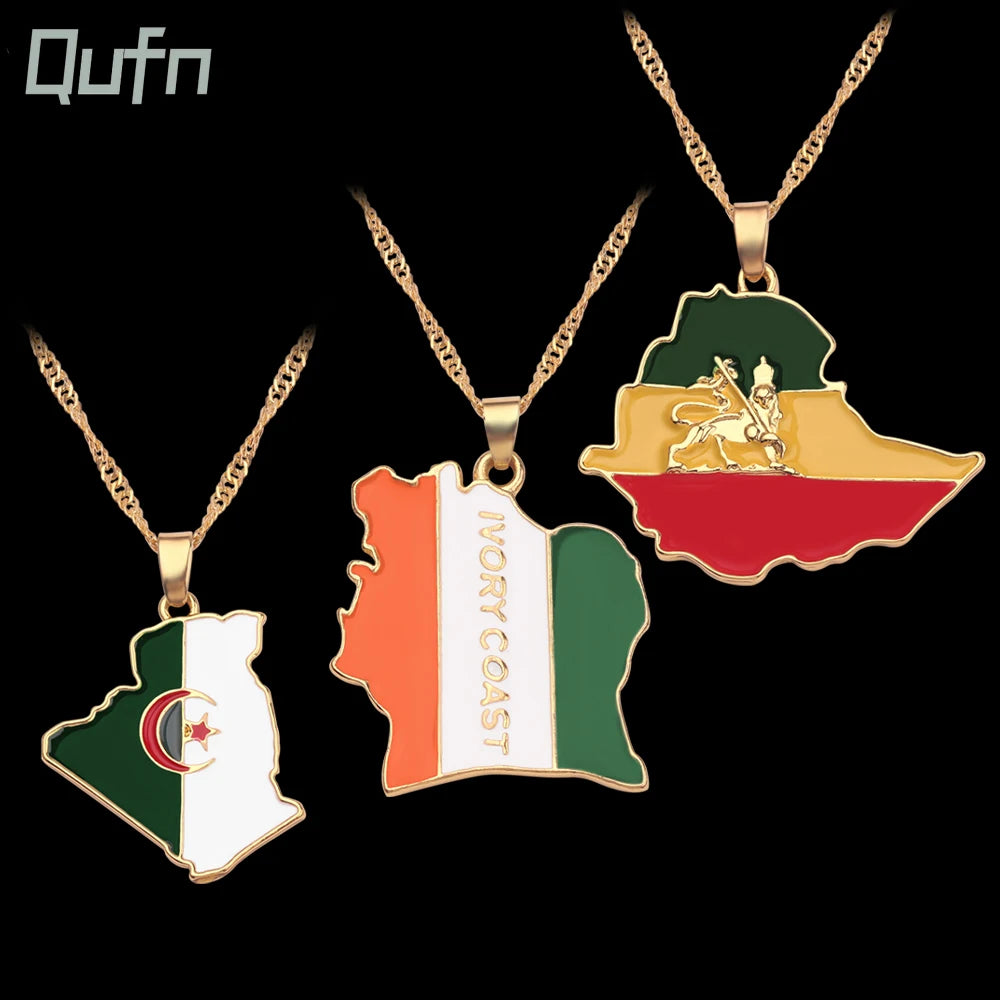 Africa Country Map Pendant Necklace Algeria Ethiopia Eritrea Country Flag Metal Enamel Drop Necklace for Ethnic Accessories Gift