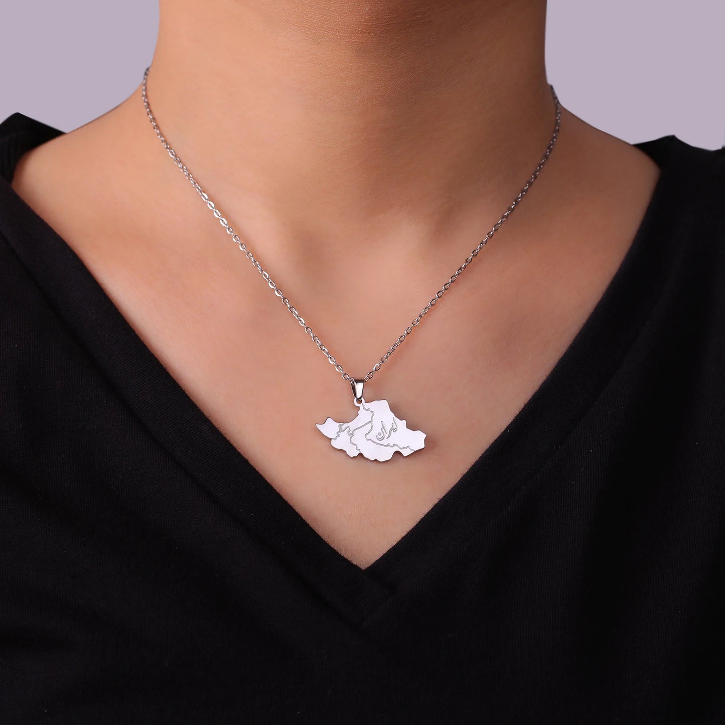 Jeshayuan Iran Map Pendant Necklace Arabic Letter For Women Stainless Steel Middle East Countries Necklace Jewelry