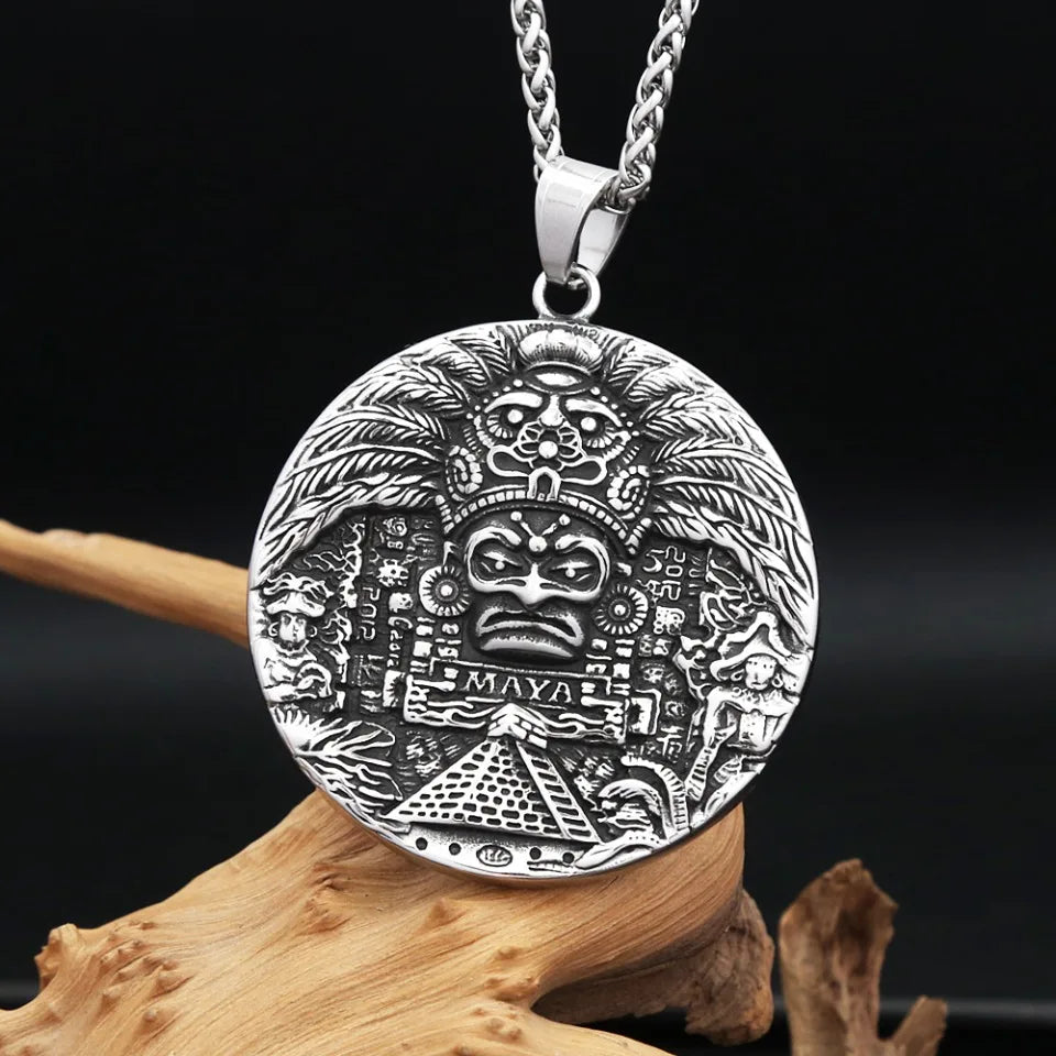 Vintage Mayan Pattern Pendant Necklaces For Men Women 316L Stainless Steel AZTEC CALENDAR Necklace Amulet Jewelry Dropshipping