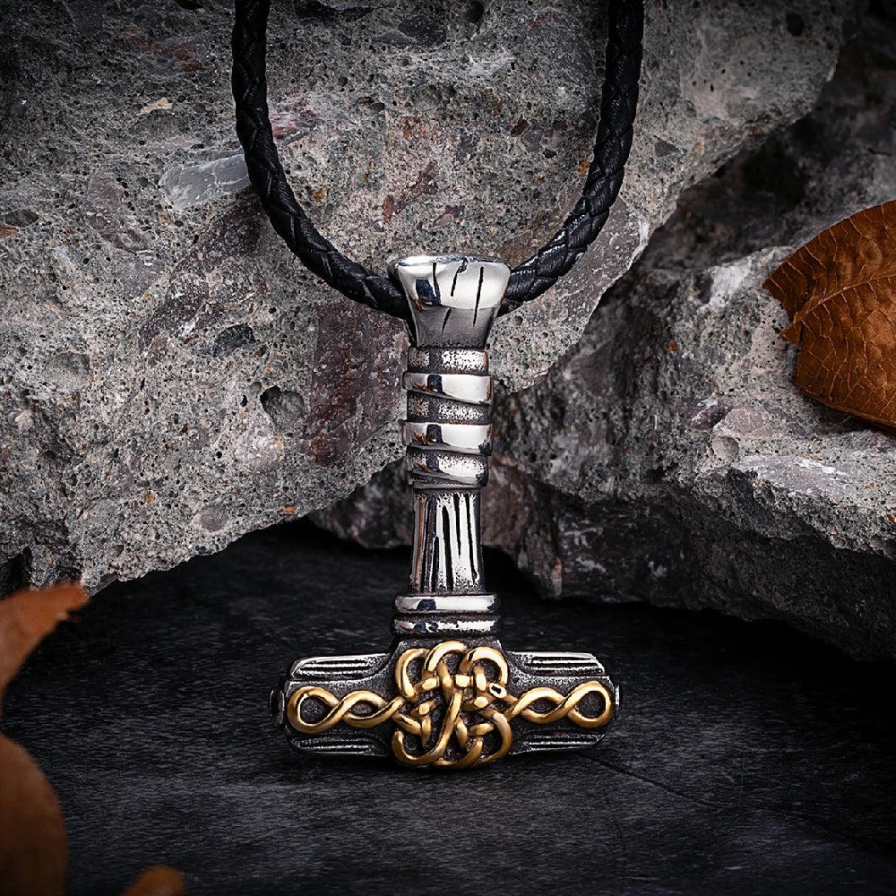 Never Fade Viking Thors Hammer Necklace Norse Runes Celtic Knot Pendant Vegvisir Amulet Men Stainless Steel Self-defense Jewelry