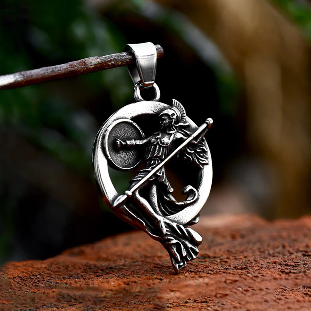 Fashion Retro Stainless Steel Athena Greek Goddess Pendant Punk Men Woman Motorcycle Amulet Necklace Jewelry Gift Wholesale