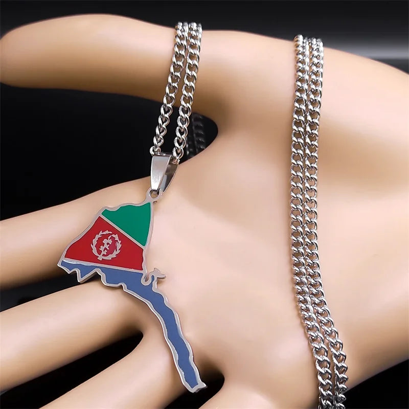 Eritrea Flag Map of Eritrean Country Necklace Women Men Stainless Steel Silver Color Pendant African Necklaces Jewelry