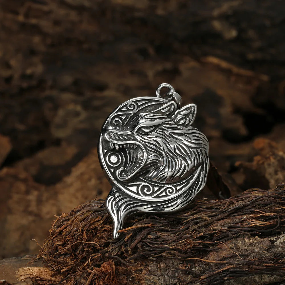 Retro Norse Mythology Celtic Ferocious Wolf Animal Pendant Necklace Men's Motorcycle Riding Rock Jewelry