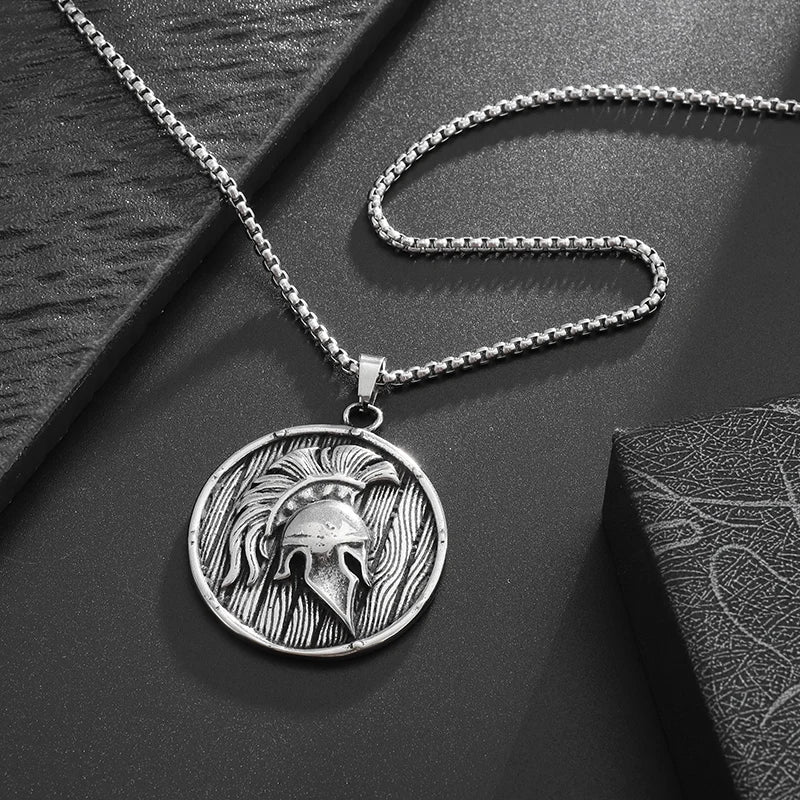 Stainless Steel Classic Greek Spartan Warrior Shield Helmet Pendant Necklace Men Women Guardian Jewelry