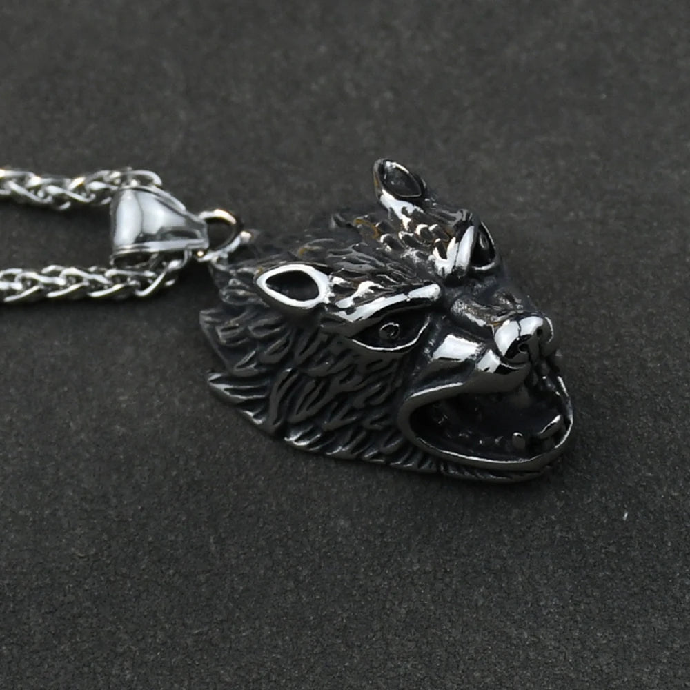 stainless steel Wolf head norse viking wolf pendant necklace wild animal necklace