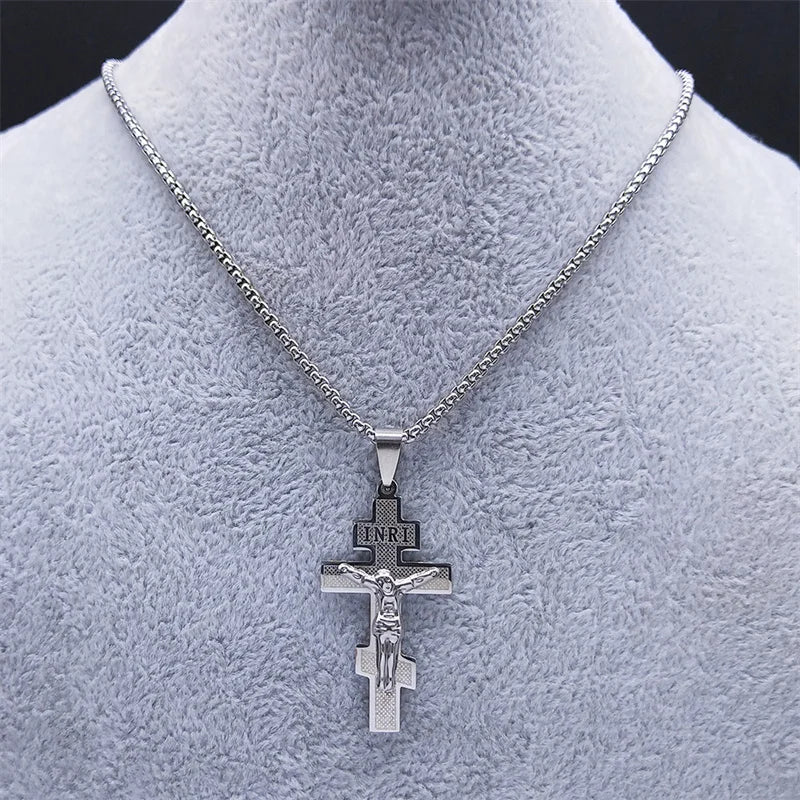 Orthodox Cross Jesus Necklace for Women Men Stainless Steel Russian Greek Church Eternal Cross Jewelry corrente masculina N6597