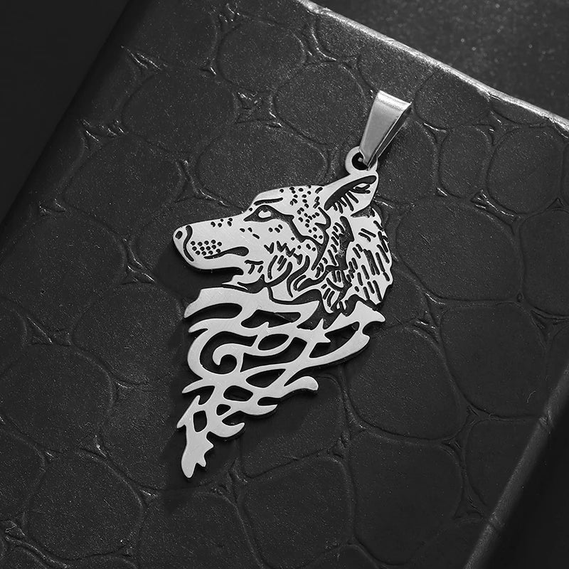 Nordic Mythology Celtic Animal Wolf Head Stainless Steel Pendant Necklace Men's Punk Personality Casual Charm Jewelry