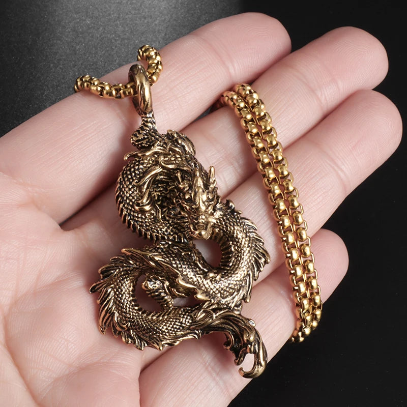 Sacred Vintage Chinese Mythological Dragon Pendant Necklace Men Women Daily Casual Amulet Jewelry Gift Party Display