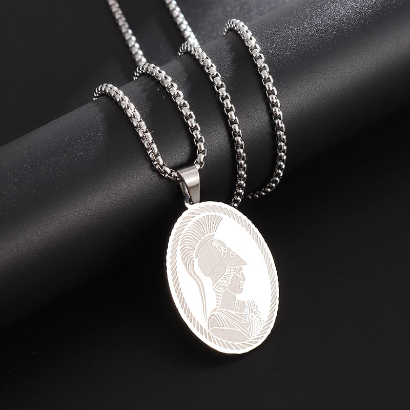 Popular and Fashionable New Greek Goddess Athena Medal Hanging Simple Stainless Steel Men's and Women's Necklace