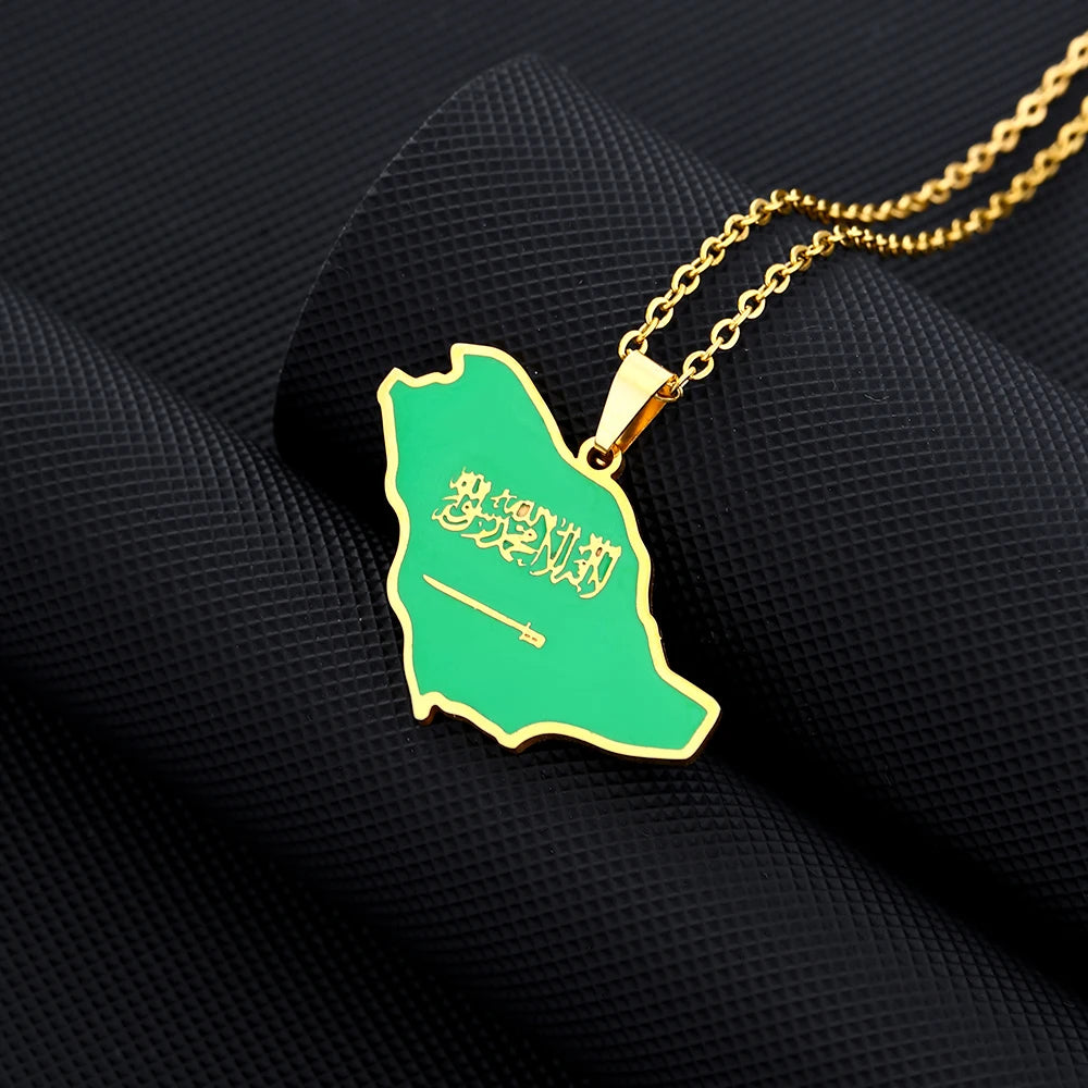 Kingdom of Saudi Arabia Map Flag Pendant Necklace Stainless Steel Men Women Gold/Silver Color Country Map Jewelry اليوم الوطGift