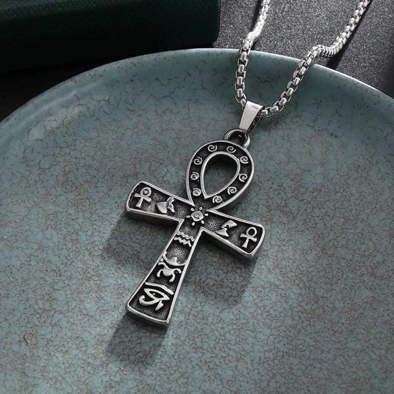 Ancient Egyptian Symbol Ankh Eye of Horus Cross Pendant Stainless Steel Necklace for Men Women Prayer Amulet Jewelry Gift