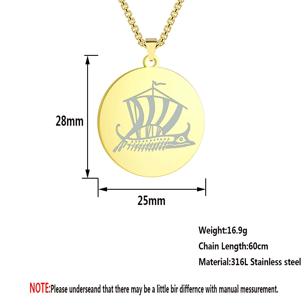 QIMING Ancient Greek Trireme Ship Pendant Necklace For Men Stainless Steel Jewelry Round Boat Vintage Necklace