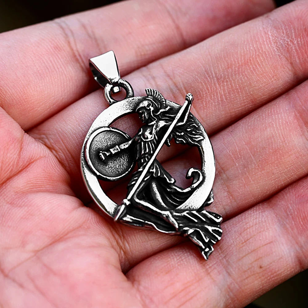 Fashion Retro Stainless Steel Athena Greek Goddess Pendant Punk Men Woman Motorcycle Amulet Necklace Jewelry Gift Wholesale