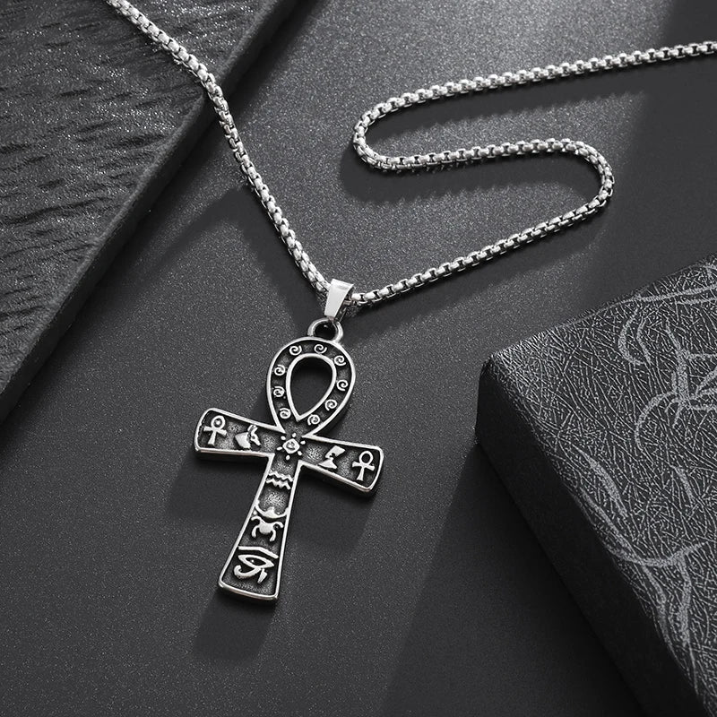 Ancient Egyptian Symbol Ankh Eye of Horus Cross Pendant Stainless Steel Necklace for Men Women Prayer Amulet Jewelry Gift