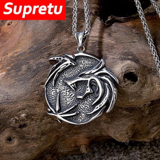 Vintage Vikings Odin's Wolf Necklaces Men Stainless Steel Norse Mythology Celtic Dragon Fenrir Amulet Pendant Men Charm Jewelry