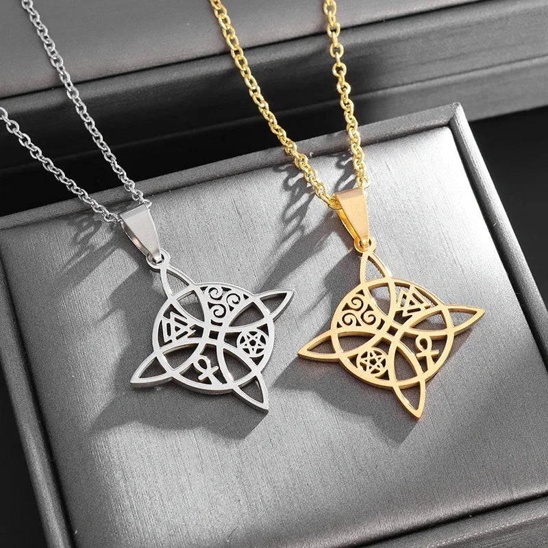 Witch Knot Necklace Celtic Knot Pendant Stainless Steel Amulet Triskelion Ankh Cross Pentagon Jewelry Birthday Gift for Women