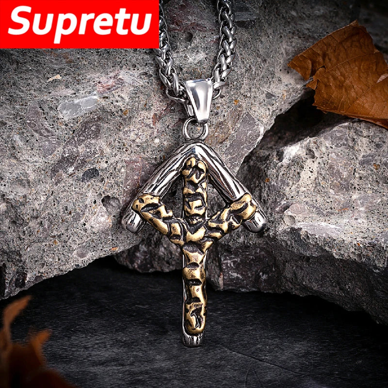 Viking Runes Algiz Necklace Men Norse Pagan Amulet Defence Corss Pendant Stainless Steel Genuine Leather Rope Charm Jewelry Gift