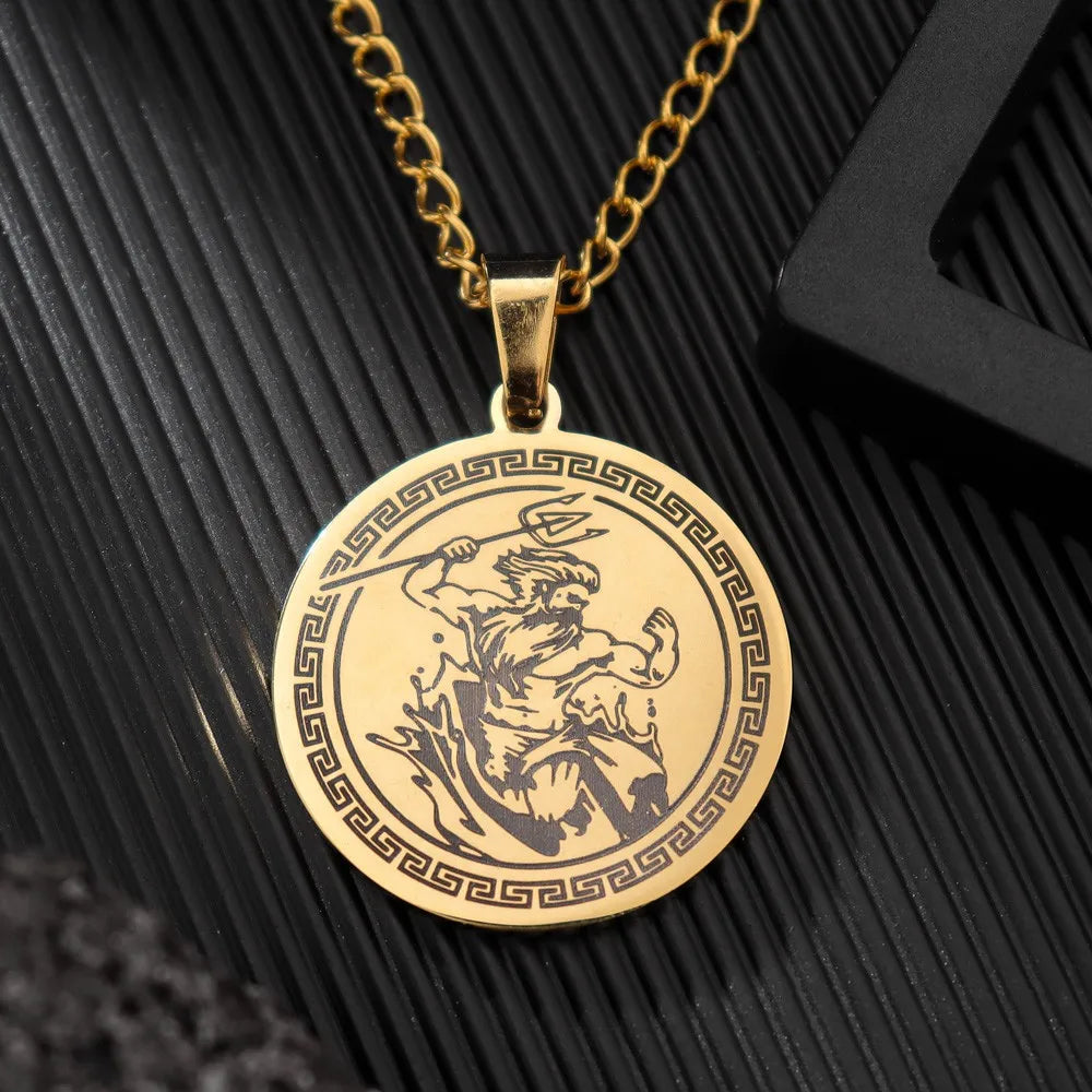 New Vintage Stainless Steel Necklace Ancient Greek mythology Poseidon Pendant necklace Fashion Luxury Chain Necklace Jewelry