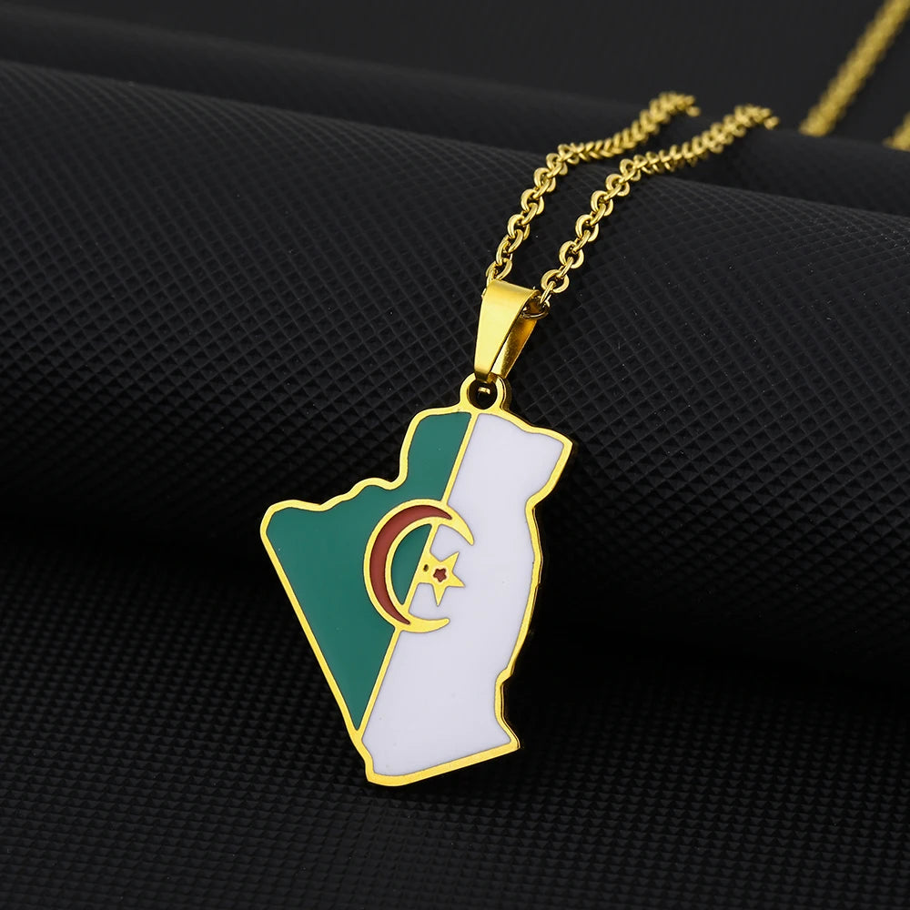 Africa Algeria Map Flag Pendant Necklace Stainless Steel Gold Steel Color Algérie Men Women Country Map Jewelry Patriotic Gift