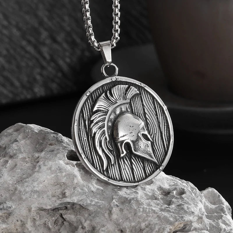 Stainless Steel Classic Greek Spartan Warrior Shield Helmet Pendant Necklace Men Women Guardian Jewelry