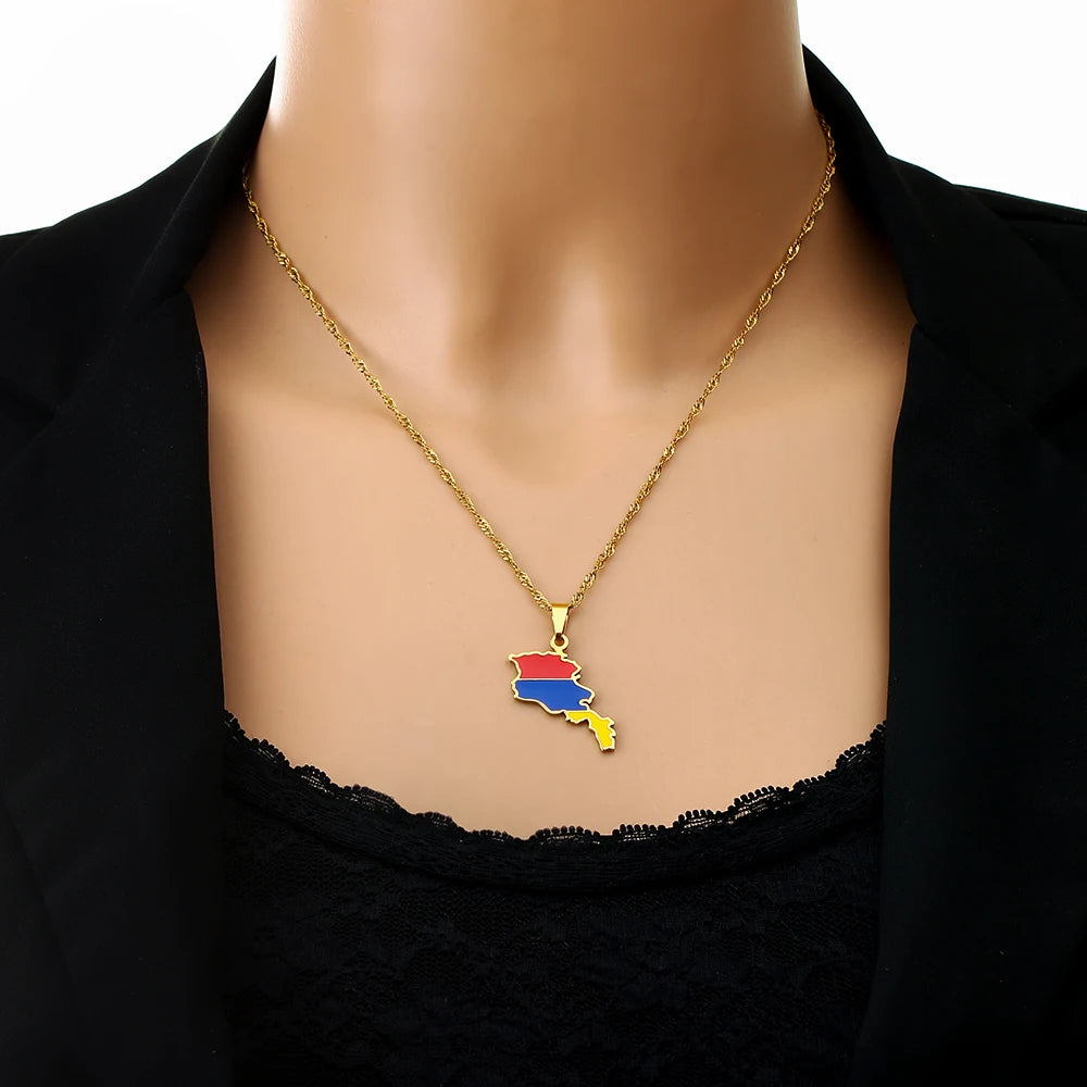 Trandy Armenia Map Flag Pendant Necklace Stainless Steel Men Women Gold Steel Color Country Map Jewelry Gift