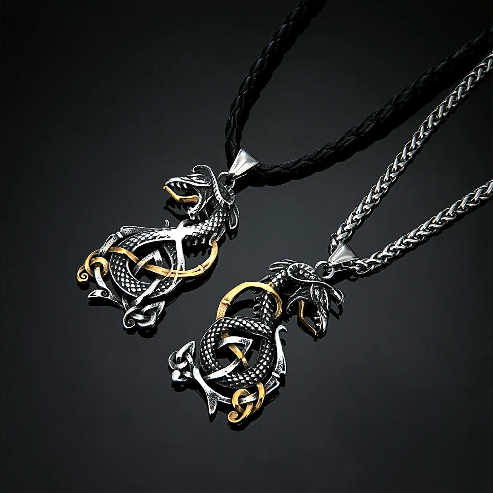 Domineering Vikings Dragon Necklaces Men Stainless Steel Norse Mythology Jormungand Amulet Vintage Animals Pendant Charm Jewelry