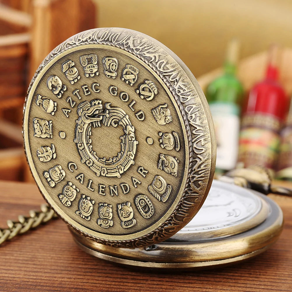 Mexican Maya Aztec Calendar Art Prophecy Culture Gold Bronze Plated Coin Quartz Pocket Watch with 80cm Necklace/38cm Waist Chain