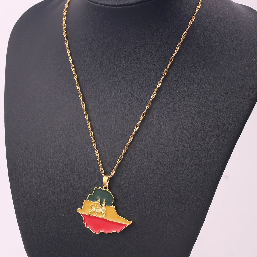 Africa Country Map Pendant Necklace Algeria Ethiopia Eritrea Country Flag Metal Enamel Drop Necklace for Ethnic Accessories Gift