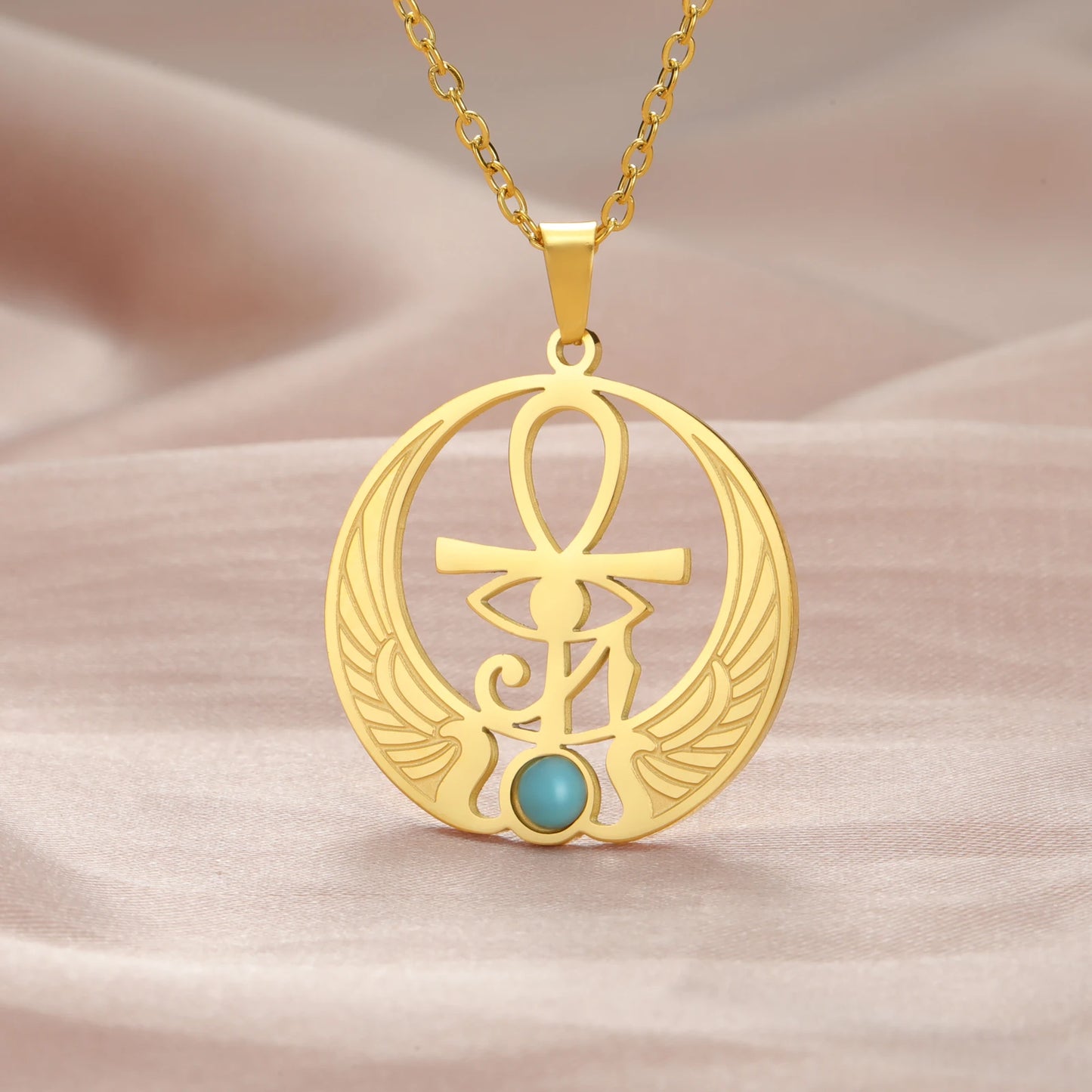 Jeshayuan The Wings of the Goddess Isis Pendant Necklace For Women Ankh Eye of Horus Stainless Steel Religious Jewelry Gift