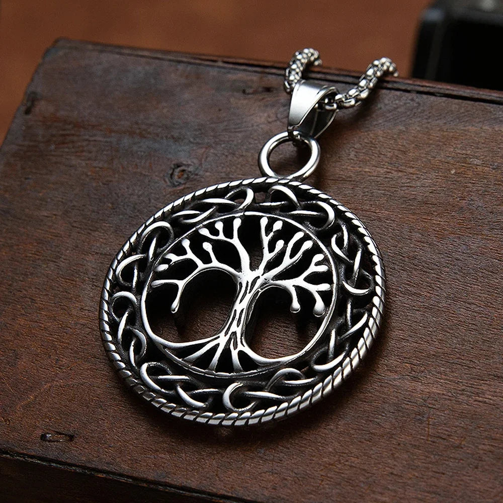 Vintage Stainless Steel Tree of Life Pendant Nordic Mythology Odin Celtics Knot Necklace Men's Chain Fashion Viking Jewelry Gift