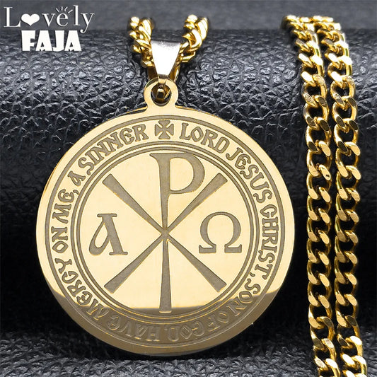 Men's Chi Rho ΧΡ Constantine Cross Necklace Stainless Steel Gold Color Greek Alphabet Necklaces Jewelry Collar de Cruz  9717