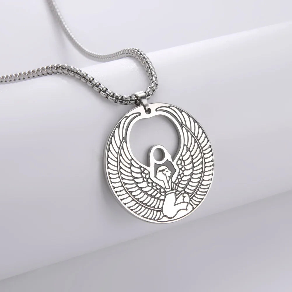 Amaxer Egyptian Mythology Wings Goddess Isis Pendant Necklace Stainless Steel Ancient Egypt Magic Power Charm Jewelry Gifts