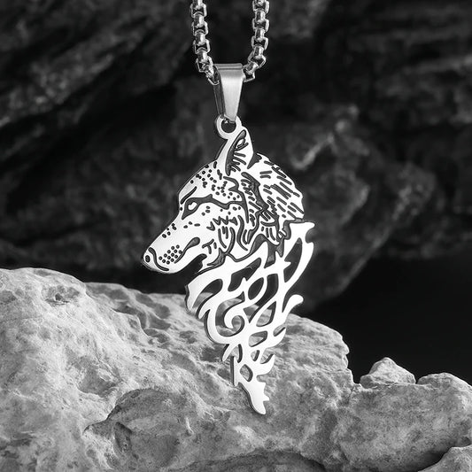 Nordic Mythology Celtic Animal Wolf Head Stainless Steel Pendant Necklace Men's Punk Personality Casual Charm Jewelry