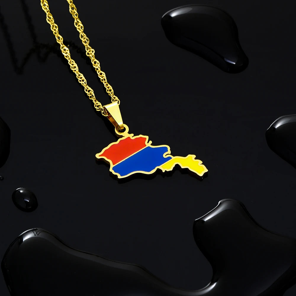 Trandy Armenia Map Flag Pendant Necklace Stainless Steel Men Women Gold Steel Color Country Map Jewelry Gift