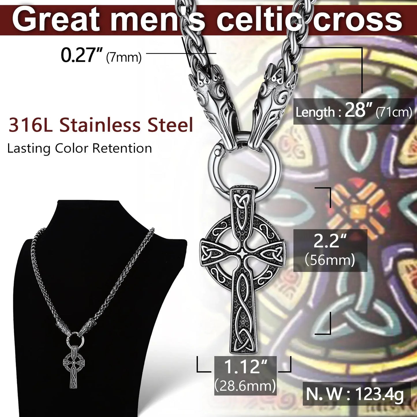 U7 Celtic Cross Necklace for Man Weighty Stainless Steel Double Fenrir Wolf Head 7mm Link Chain Norse Viking Mythology Jewelry