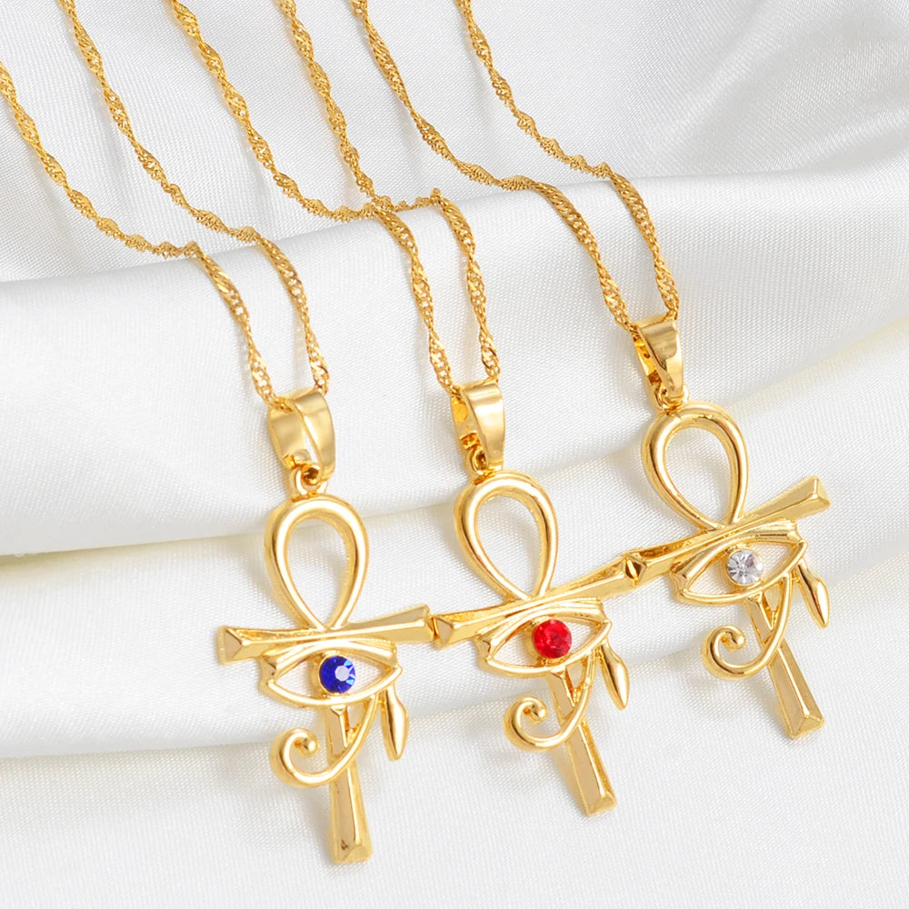 Anniyo Ancient Egypt Symbol Ankh Cross & Eye Pendant Necklaces African Amulet Jewelry Egyptian Charms Accessories Stone @262506