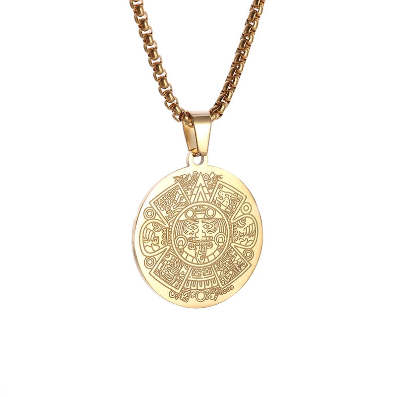 Stainless Steel Vintage Aztec Mayan Calendar Pendant Divine Beast Necklace Men's Women's Amulet Round Coin Jewelry