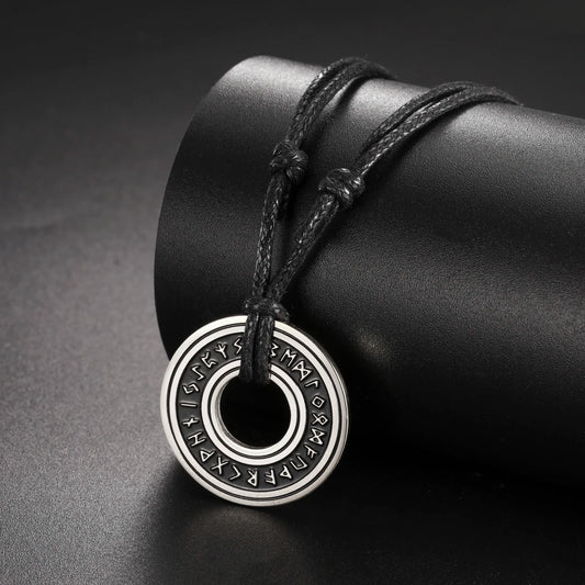 VASSAGO Vintage Norse Viking Runes Necklace Corsair Runic Elder Futhark Ring Circle Talisman Pendant Leather Chain Viking Gift