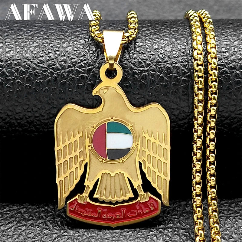 The United Arab Emirates Flag Eagle Necklace for Women Men Stainless Steel Gold Color Country Flag Necklace Pendant Jewelry